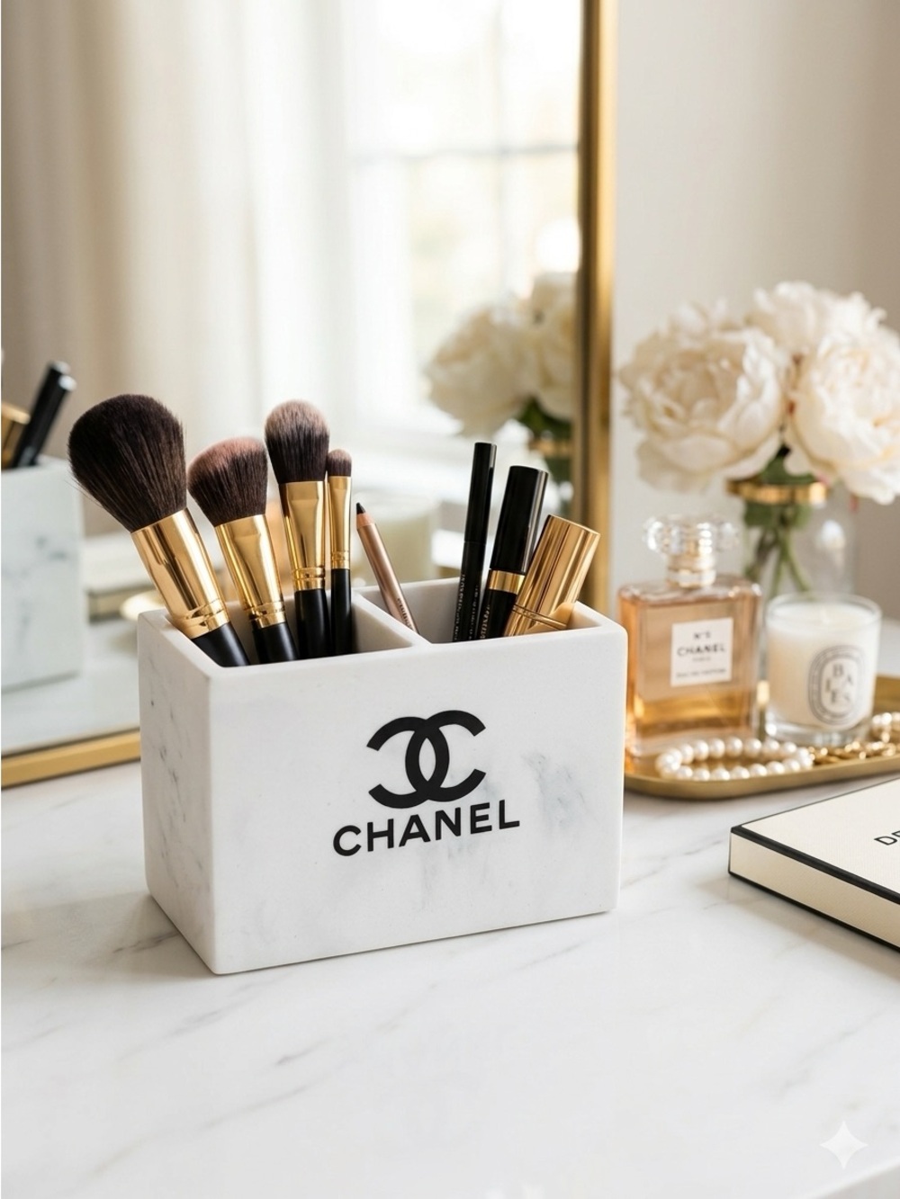 White Marble Brush & Tool Organizer with Black Logo